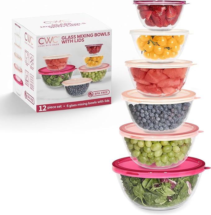 COOK WITH COLOR 12 Pc Glass Mixing Bowl Set with Lids – Borosilicate Glass Nesting Bowls for Cooking, Baking and Meal Prep, Rose by CookwithColor