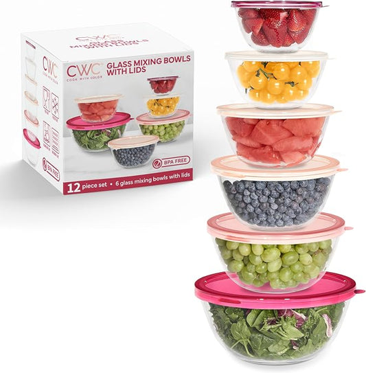 COOK WITH COLOR 12 Pc Glass Mixing Bowl Set with Lids – Borosilicate Glass Nesting Bowls for Cooking, Baking and Meal Prep, Rose by CookwithColor