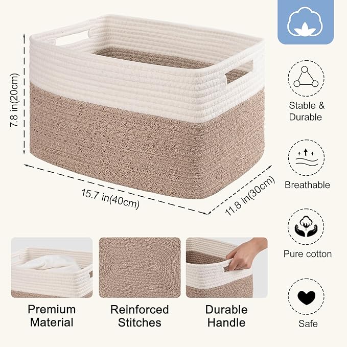 4 Pack Storage Baskets for Organizing, Woven Baskets for Shelves - Perfect for Toys, Books, Towels, and Clothes, Durable Gift Basket Bins Toy Storage, 15.7''Lx11.8''Wx7.8''H, Brown & White - Image 2