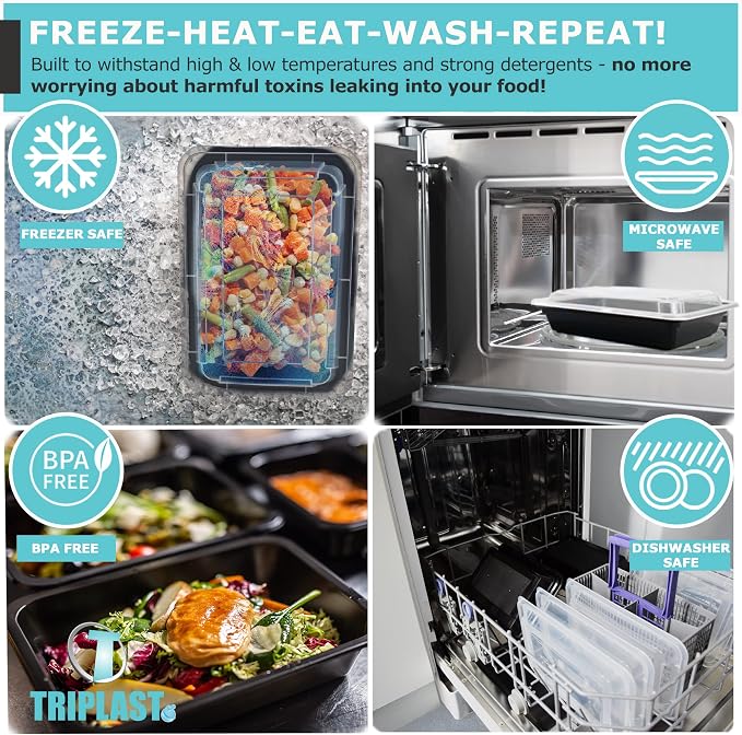 Triplast 5 x Meal Prep Containers (1 Compartment, 28oz) - Microwave, Freezer & Dishwasher Safe – BPA Free, Reusable, Leakproof & Stackable Food Storage Takeaway Boxes for Home, Office & School Use - Image 3