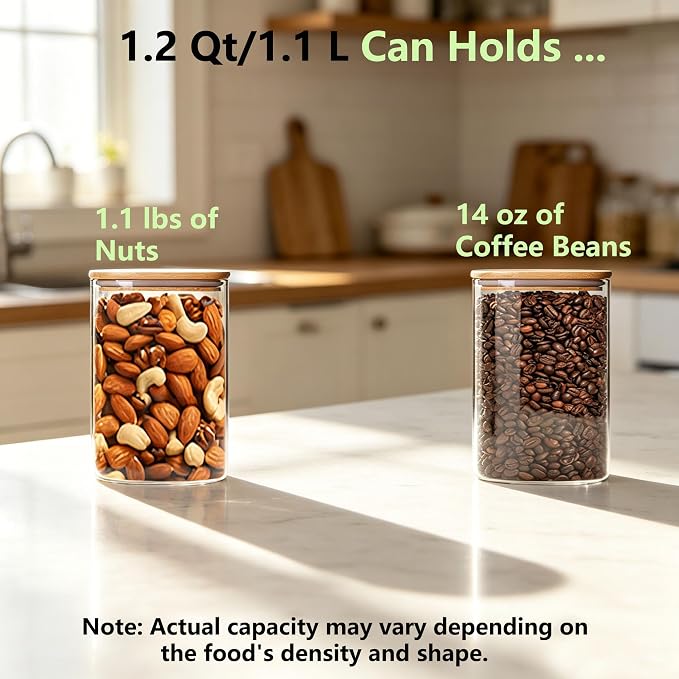 VIEWELLD 1.2 Qt Square Glass Storage Containers with Lids, glass jar with airtight lid, Glass Canister for Pantry Cookie Cereal Rice Sugar Tea Coffee Beans Spice, Square Set of 4 - Image 3