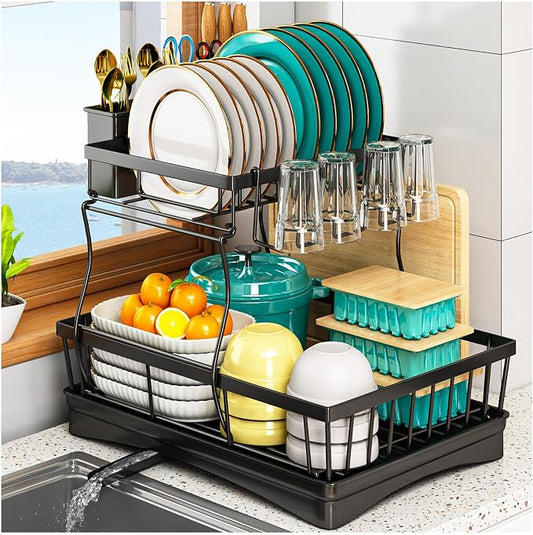 2 Tier Dish Drainer Rack for Kitchen Counter - Space-Saving Dish Rack with Utensil Holder, Large Capacity Dish Drying Rack with Draining Board, Black by Unknown