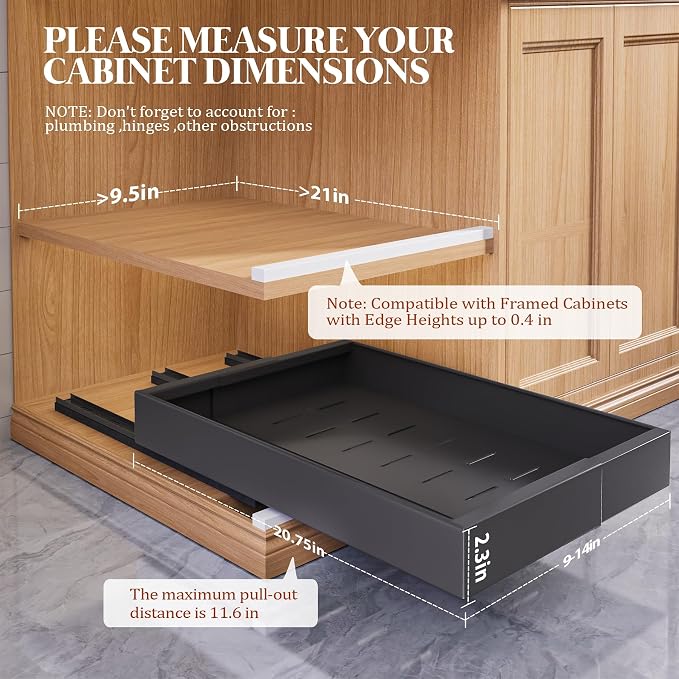 Seinloes 4 Pack Expandable Pull Out Cabinet Organizer 21" Deep With Raising Pad for Framed Cabinets,Upgrade 3 Slide Rails Slide Out Drawers,No Drill Roll Out Shelves,Adjustable Width 9"-14" Black - Image 3