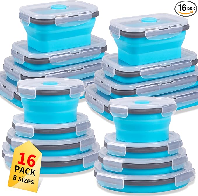 Collapsible Food Storage Containers with Lid & Air Vent, 16 Pack, 8 Rectangular + 8 Round, Foldable Silicone Lunch Containers Collapsible Bowls Set, Microwave Freezer Dishwasher Safe, Blue by Annaklin