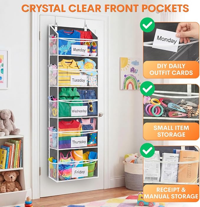 2P 5Tiers Over Door Organizer,Weekly Clothes Organizer for Kids | 5 clear PVC front pockets, 10 mesh side pockets, weekly outfit planner, for kids, dorm, entryway, RV, 50 lbs capacity - Image 2