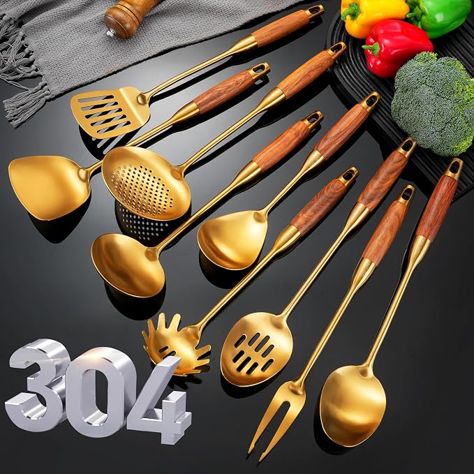 Gold Kitchen Utensils Set Stainless Steel 9 PCS with Wooden Handle | Food-grade 304, Sturdy, Wooden Handle, Anti scald, Work with large batches, Good weight, Well Balance, 13-14 Inch - Image 7