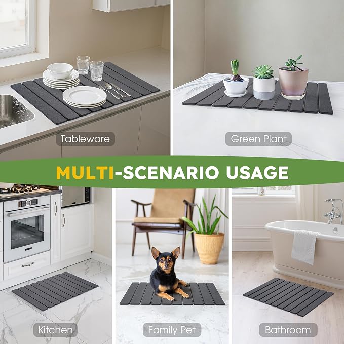 Large Stone Dish Drying Mat for Kitchen Counter – 24"×16" Collapsible Diatomaceous Earth Mat, Ultra Absorbent & Quick Dry, Foldable Drying Pad for Dishes, Bottles, Cups (Dark Grey) - Image 2