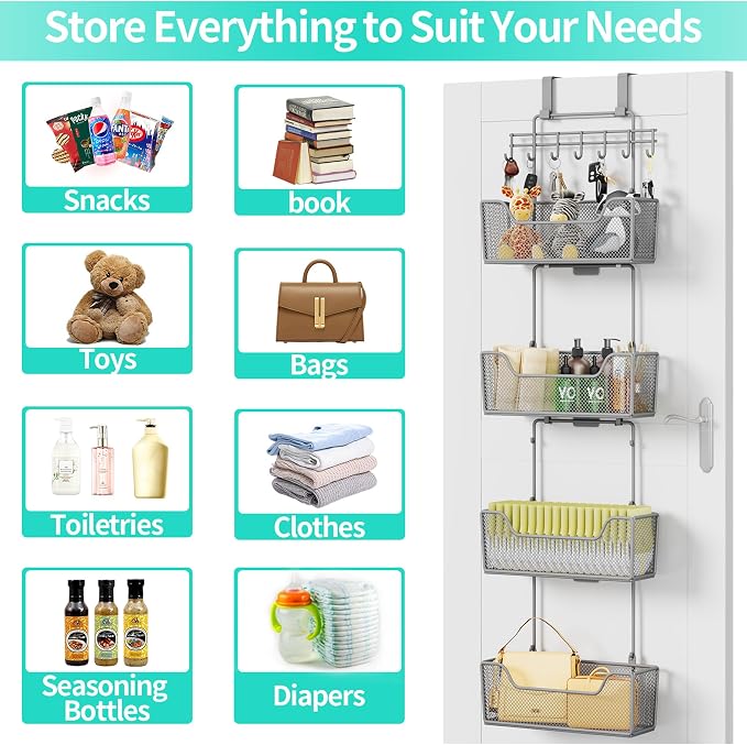 HapiRm Over The Door Organizer - Hanging Door Organizer with 4 Metal Large Capacity Baskets and Adjustable Coat Hook for Bathroom Bedroom Kitchen Pantry Closet Cabinet - Image 4