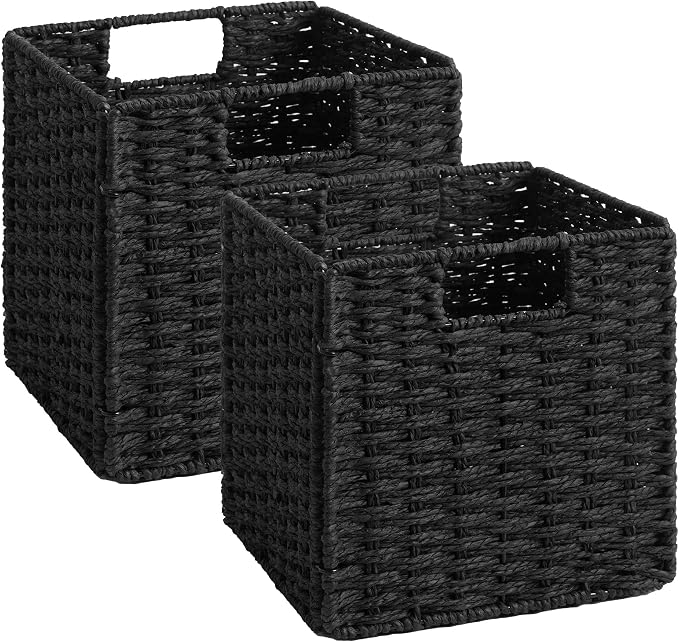 StorageWorks 9 inch Cube Storage Bins, Wicker Storage Cubes, Black Basket | 2-Pack, Handwoven Wicker Basket for Storage, Foldable Paper Rope Baskets for Organizing, Black Storage Bins,Cube Storage Bins by StorageWorks