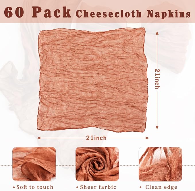 60 Pack Terracotta Cheesecloth Napkins 21x21 Inches Terracotta Cloth Napkins Washable Set of 60 Dinner Table Napkins for Wedding Bridal Baby Shower Rustic Boho Cotton Gauze Summer Party Table Decor - Image 3