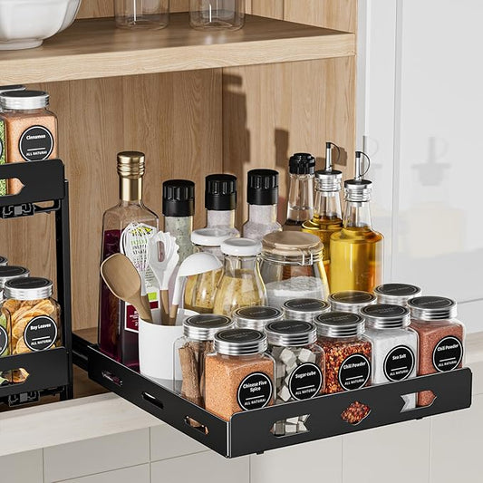 BOIVSHI Pull Out Spice Rack, 10.5''Wx10.5''Dx2.8''H | 1 Tier Spice Racks for Inside Cabinets, Metal Cabinet Spice Organizer for Kirchen, Pantry, Easy to Assemble, Black by BOIVSHI