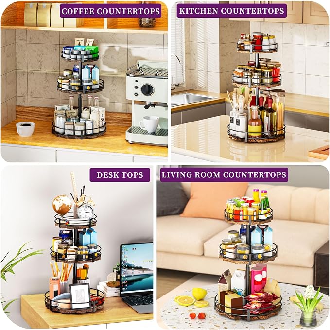 Heavy-Duty 3-Tier Lazy Susan Organizer, Adjustable to Different Heights, Countertop Spice Rack, Upgraded Thickened Wooden Board, Suitable for Seasoning Organizer, Kitchen Organization（2 Pack） - Image 7