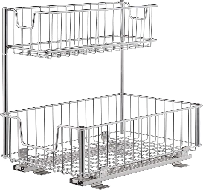 Trinity Sliding Undersink Organizer with 2 Baskets for Kitchen and Bathroom Cabinet Organization and Storage, 50 Pound Capacity, 11.5” W x 17.75” D x 16” H, 2-Pack, Silver | Steel Construction | Smooth-Glide Rails | 50 lb Capacity | Kitchen & Bathroom ... by TRINITY