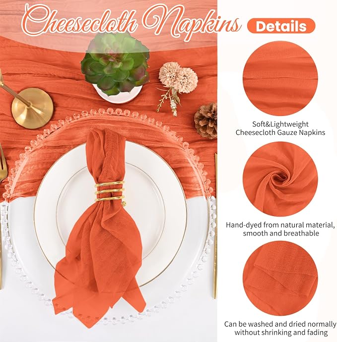 100 Pack Orange Cloth Napkins 20x20Inch Cheesecloth Napkins | Elegant Cloth Napkins for Table, Washable Rustic Boho Gauze Fall Napkins, for Wedding Party Bridal Baby Shower Dinner Decor - Image 3