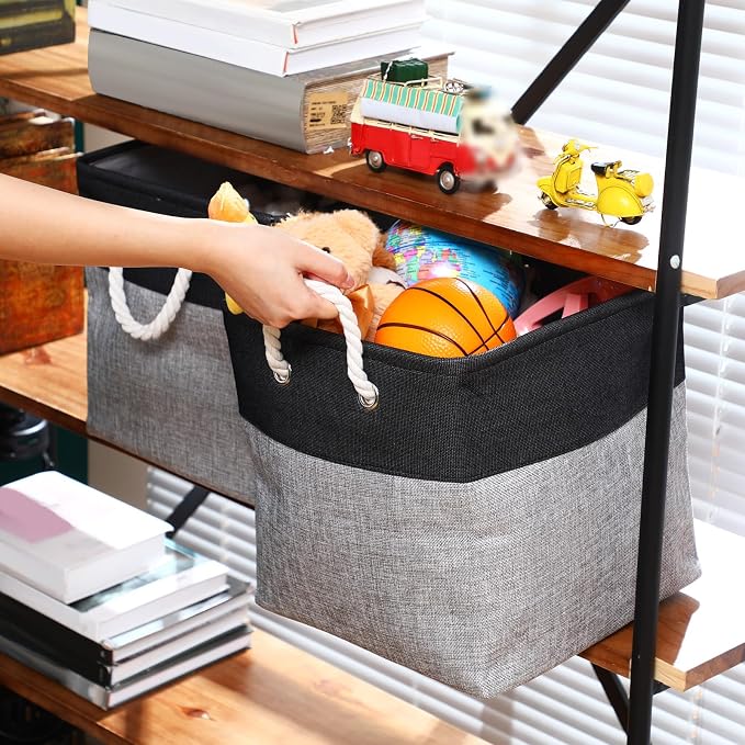 meekoo 8 Pack Collapsible Storage Bins Fabric Storage Bins Polyester Fabric Baskets with Handles Linen Closet Organizer for Shelf Home Closet Towels Toys(12 x 12 x 12in,Black Gray) - Image 5