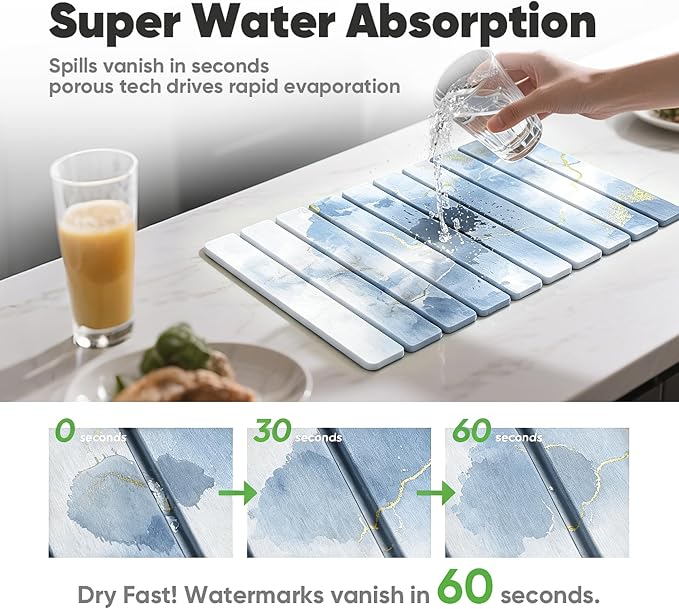 Stone Drying Mat for Kitchen Counter, Quick Diatomaceous Earth Mats for Dishes, 24"L x 16" W Super Absorbent Fast-Drying Collapsible Countertop Stone Mat (Marble White Blue, 24" x 16") - Image 5