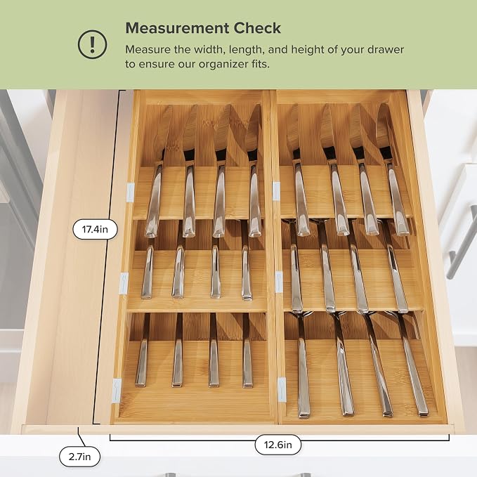 Slanted Cutlery & Flatware Organizer, 2 Pack, Bamboo | 3-compartment slanted design, labeled slots, non-slip feet, sustainable bamboo - Image 4