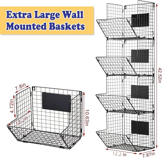 X-cosrack Metal Wire Basket Wall Mount, 4 Tier Extra Large Wall Storage Basket Organizer with Chalkboards, Kitchen Fruits and Vegetables Produce Bin Rack Toys Organizer Bathroom Tower Baskets (Black) - Image 5