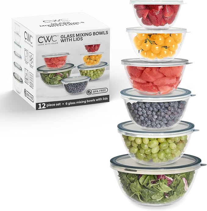 COOK WITH COLOR 12 Pc Glass Mixing Bowl Set with Lids – Borosilicate Glass Nesting Bowls for Cooking, Baking and Meal Prep, Gray by CookwithColor