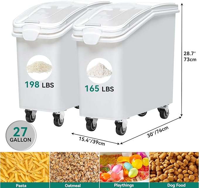 YITAHOME 27-Gallon Food Storage Container,Bulk Flour Bin, Large Ingredient Storage Bin with Wheels, Measuring Cup & Scoop, for Kitchen/Dining Room, Commercial Rice Container,2 count,White - Image 4