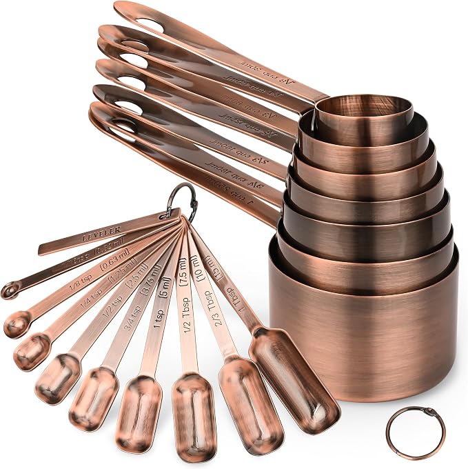 Measuring Cups and Spoons Set, Copper Measuring Cups and Spoons Set 17, Stainless Steel Metal 7 Measuring Cups and 9 Measuring Spoons with 1 Leveler for Kitchen & Baking by Kalsreui