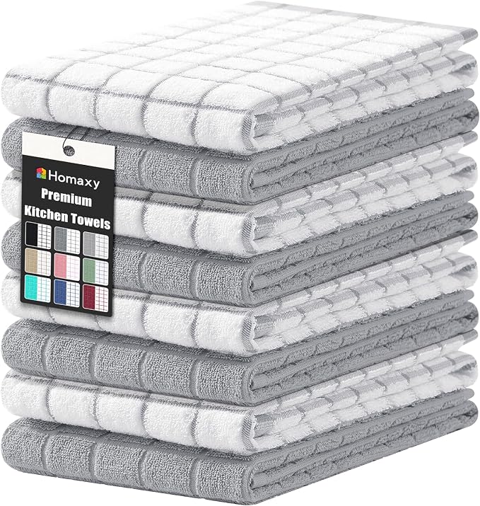 Homaxy Large Premium Cotton Kitchen Towels 16"x 28", 8 Pack, Light Grey | Natural Ring Spun 390 GSM Dish Towels, Super Absorbent Terry Kitchen Hand Towels, Soft Tea Towels with Hanging Loop by Homaxy