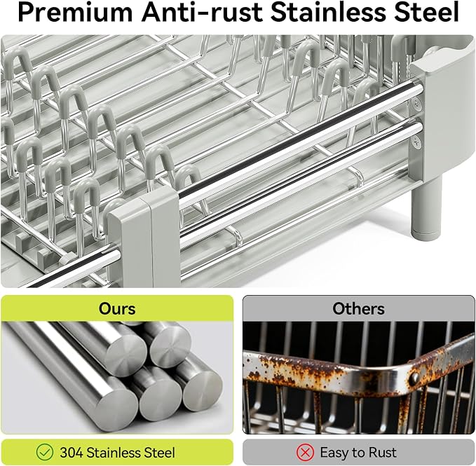 Urackify Extendable Stainless Dish Drying Rack for Kitchen Counter | 13.78"W x 18.7"L, Foldable Drainboard for Space Saving, Knife and Utensil Holder, Fast-draining Spout, Soft Celery Green - Image 8