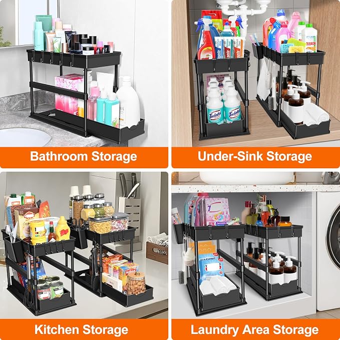 JPart Under Sink Organizer, Kitchen Organizers and Storage, 2-Tier Bathroom Cabinet Organizer with Sliding Drawers, Thickened Construction with Hooks Hanging Cup for Kitchen & Bathroom, 2 Pack - Image 8
