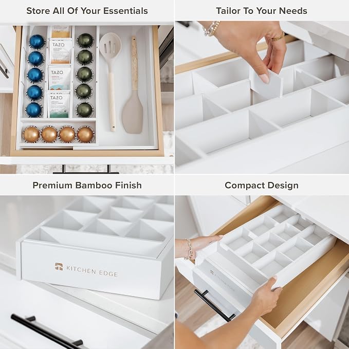 Tea Bag & Coffee Pod Organizer, 9.7-17 in, White Bamboo | 10 storage compartments, adjustable wall inserts, non-slip feet, food-safe - Image 3