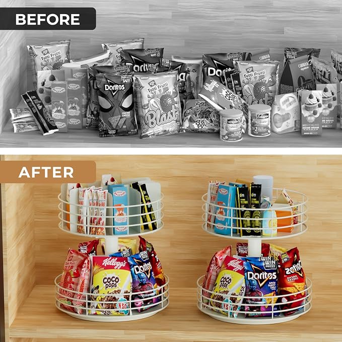 Snack Organizer - Versatile Snack Storage 2 Tier Lazy Susan with Convenient Grab-and-Go Design, Metal Snack Holder for Home, Office, Breakroom, 12.13" L x 12.13" W x 12.56" H (Matte White) - Image 4