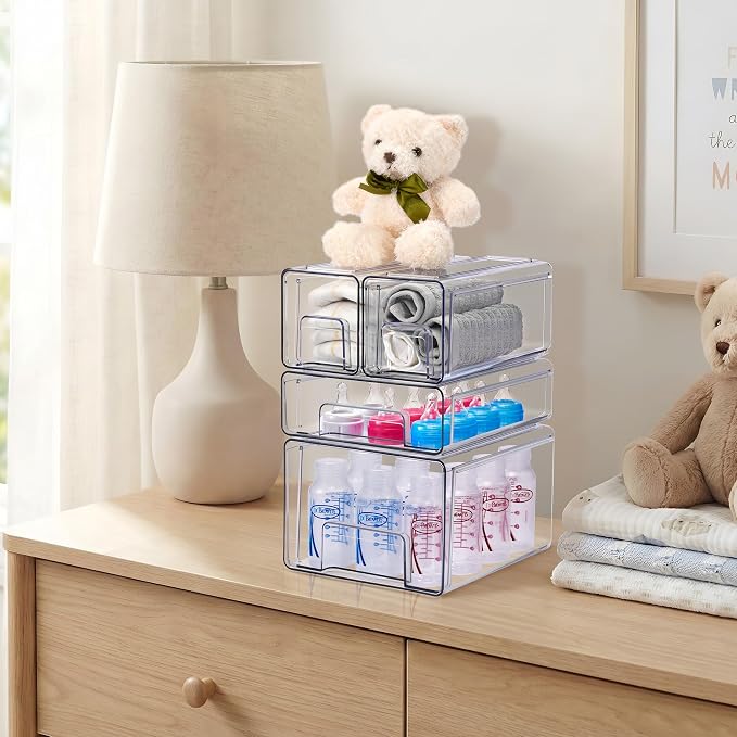 Sorbus Clear Stackable Storage Drawers, 4-Piece Set 1 Large, 1 Medium & 2 Small Pull-Out Plastic Organizer Bins with Handles for Bathroom, Closet, Pantry, Cabinet & Medicine Storage - Image 4