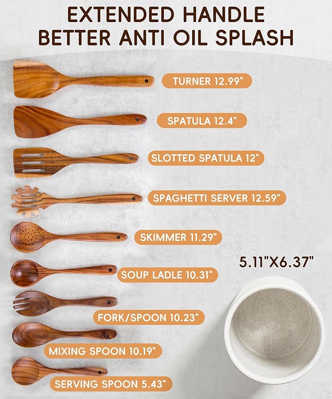 Wooden Cooking Utensils Set with Ceramic Holder,Teak Wood Utensils 10pcs | Holder for Countertop with Protection Cork Bottom,Nonstick Spoons, Cooking Spatula Set,Kitchen Decor, (Sand) - Image 4