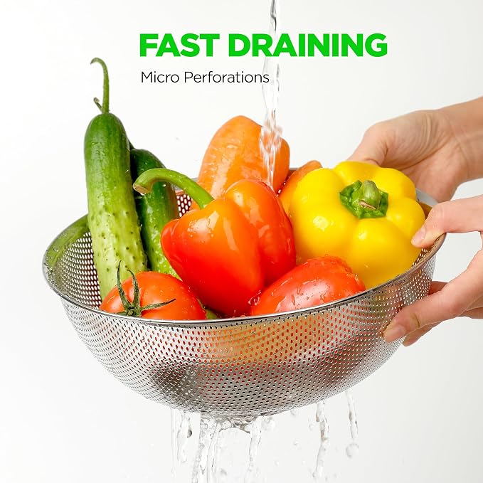 Premium 18/8 304 Stainless Steel Micro-Perforated Small and Big Colander Set of 4 with rings - 3.5-5.5-7.5-9.5 Quart Set, Self-Draining Solid Base for Pasta, Fruits, Vegetables - Image 6