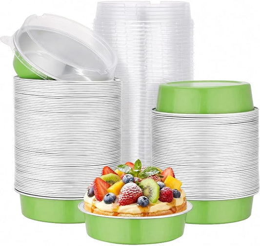Beasea Mini Tart Pans with Lids 120 Pack, 7.3oz 4 Inch Matcha Green Disposable Aluminum Foil Baking Cups Pie Tart Tins Individual Dessert Mini Cake Containers Oven Dishes for Cheesecake Muffin by Beasea