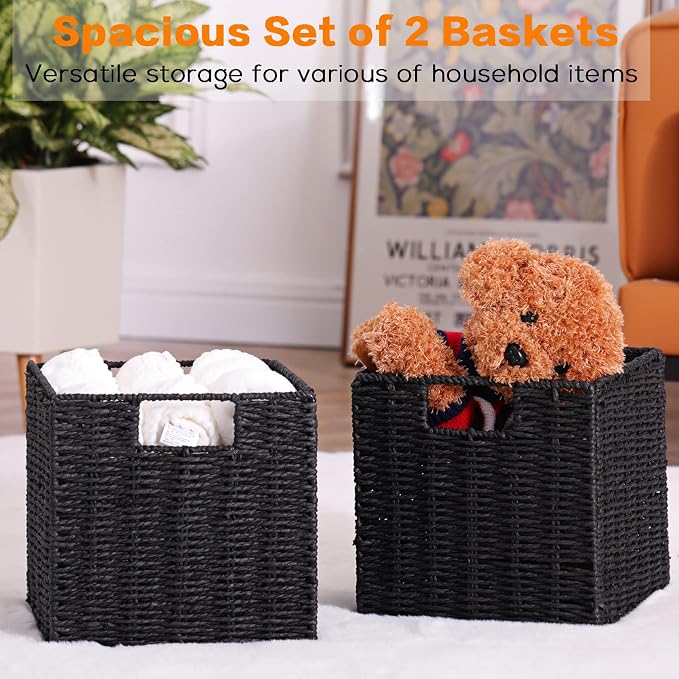 Storage Basket, Set of 2 Hand-Woven Storage Baskets for Organizing with Handles, Foldable Cube Storage Baskets Bins Organizer, 13 inch Large Wicker Baskets for Shelves & Decor, Black - Image 7