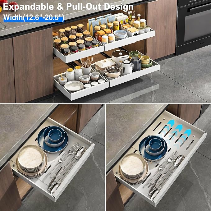 Mustorn 2 Pack Pull Out Cabinet Organizer, Expandable Slide Out Drawers for Kitchen Cabinets Peel and Stick Pullout Drawer Heavy Duty Sliding Shelves for Cupboard, Pantry, Bathroom(16.5" Deep, White) - Image 3