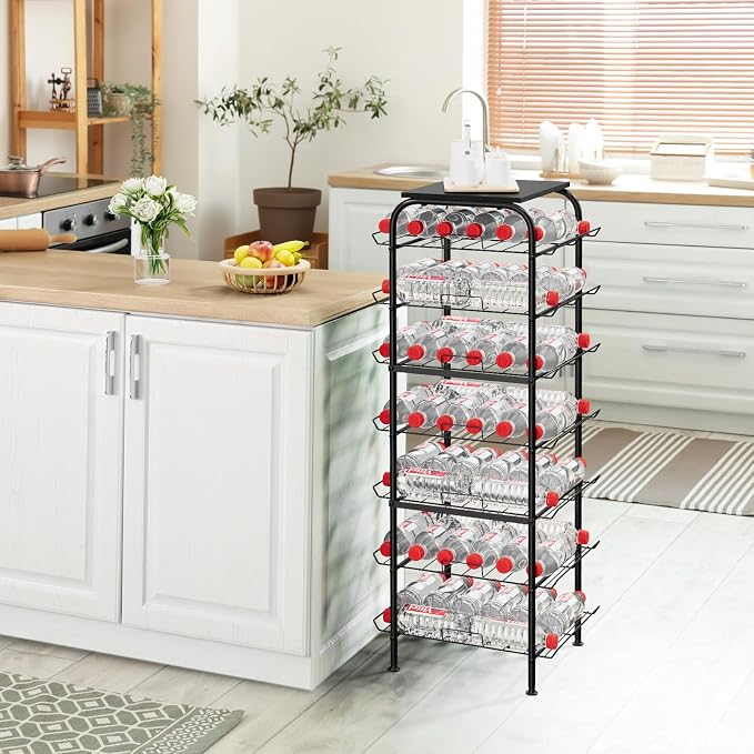 Vrisa Water Bottle Organizer 7 Tier Free Standing Water Bottle Holder Stand with Storage Shelves Beverage Drink Soda Can Rack Dispenser Metal Storage Shelf for Kitchen Pantry Party Office, Black - Image 5