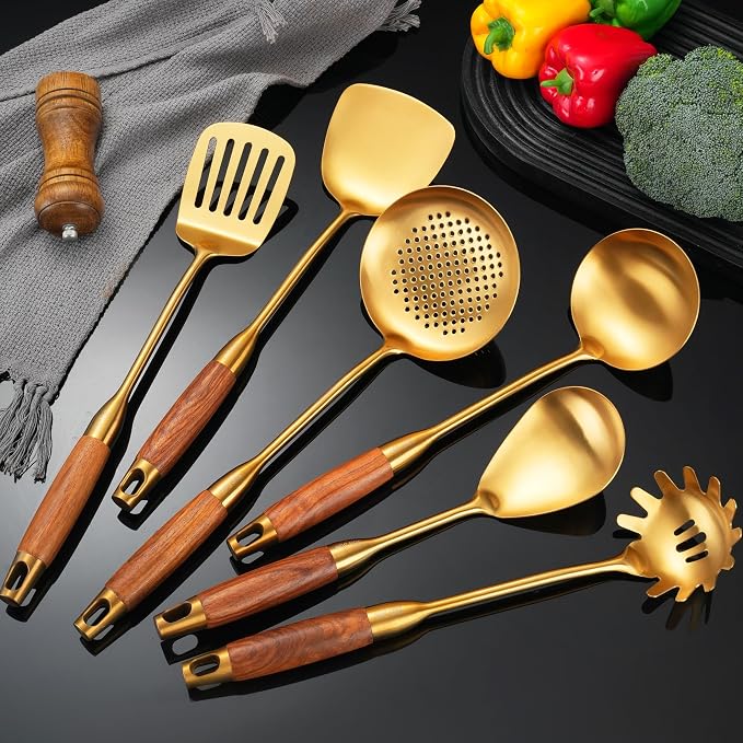 Gold Kitchen Utensils Stainless Steel with Wooden Handle 6 PCS | Food Grade 304,Anti-scald,12.5-14",Hanging Hole;Great Choice for Gifts by NIITAWH