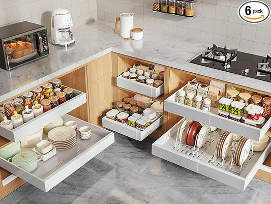 Seinloes 6 Pack Pull Out Cabinet Organizers 21" Deep With Raising Pad for Framed Cabinets, Expandable Slide Out Drawers with 4pcs Divider Racks, Roll Out Shelves, Adjustable Width 12"-20.45" White by Seinloes