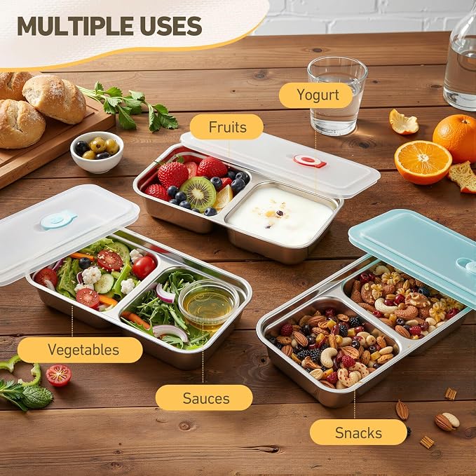 12 Pack Stainless Steel Snack Containers Snackle Container Box with 3 Colors Leakproof Lids Reusable 2 Compartment Stackable Lunch Box for Work Travel Party Beach Picnic Outdoor Portion Control Meal - Image 6