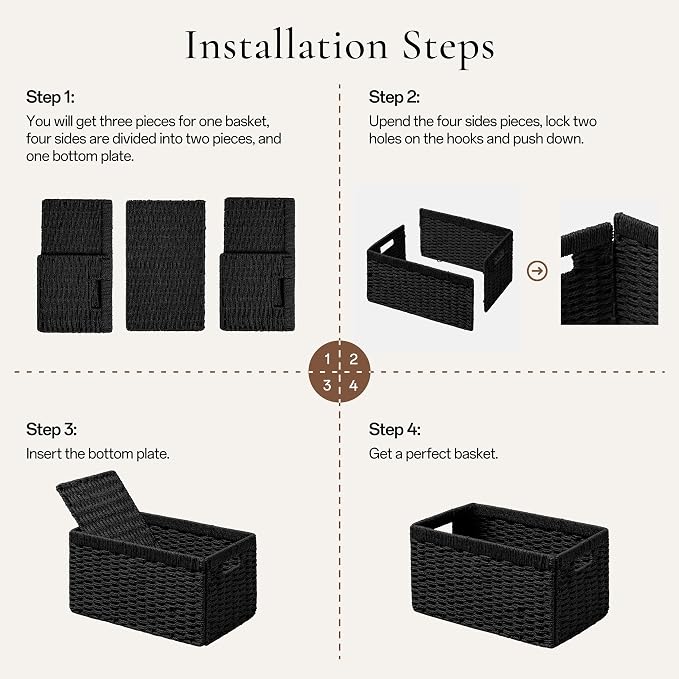 joybest Black Wicker Baskets for Shelves, Hand-woven Storage Baskets | 13.4L x 8.3W x 7.1H inch for Pantry, Kichen Organizing, Foldable Rectangular Bin with Handles, 2-pack - Image 2