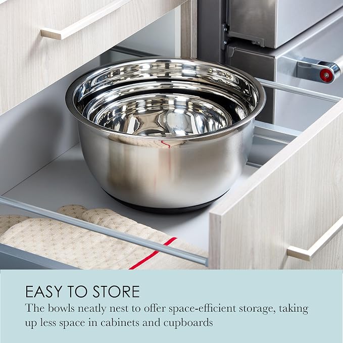 Chicago Metallic Stainless Steel Mixing Bowls Set of 3-3 Qt, 5 Qt, 8 Qt Nesting Bowls with Nonslip Silicone Bases, Dishwasher Safe, Rust Resistant for Kitchen Prep, Serving, and Food Storage - Image 5