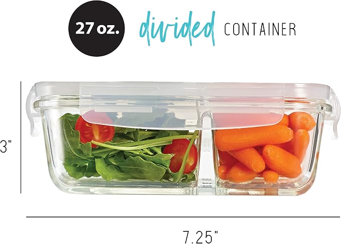 Fit & Fresh Divided, 5-Pack, Two Compartments, Set of 5 Containers with Locking Lids, Glass Storage, Meal Prep Containers with Airtight Seal, 27 oz. - Image 2