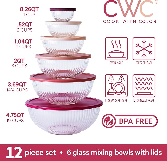COOK WITH COLOR 12 Pc Glass Mixing Bowl Set with Lids – Borosilicate Glass Nesting Bowls for Cooking, Baking and Meal Prep, Fluted Rose - Image 3