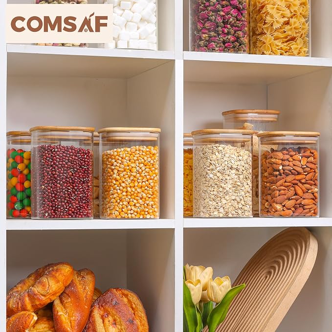 ComSaf Square Glass Containers With Lids 1.2 Qt, Set of 9 Pantry Galss Jars | Food Storage Jar, Kitchen Canisters, Storage Container, Bamboo Lid with Silicone Seal, Cookie, Flour, Spice, Coffee, BPA Free - Image 8
