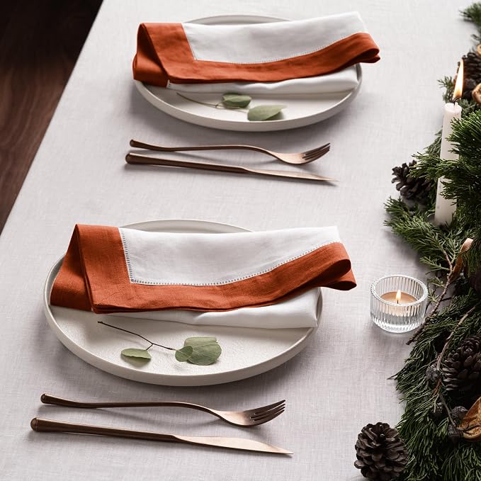 Linen Napkins 20 x 20 inch - 100% Pure Flax Linen White and Orange Dinner Napkins Set of 4 - Hemstitch Cloth Napkins Washable for Spring, Summer, Fall and Winter Decor - Image 5