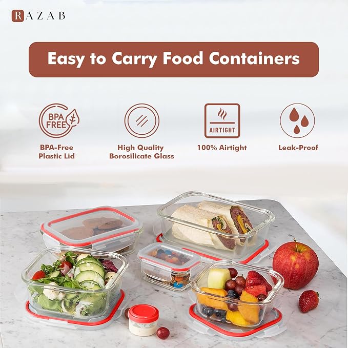 Razab 35 Pc Set Glass Food Storage Containers with Lids - Meal Prep Airtight Bento Boxes BPA-Free 100% Leak Proof (15 lids,15 glass & 5 Plastic Sauce/Dip Containers) - Image 7