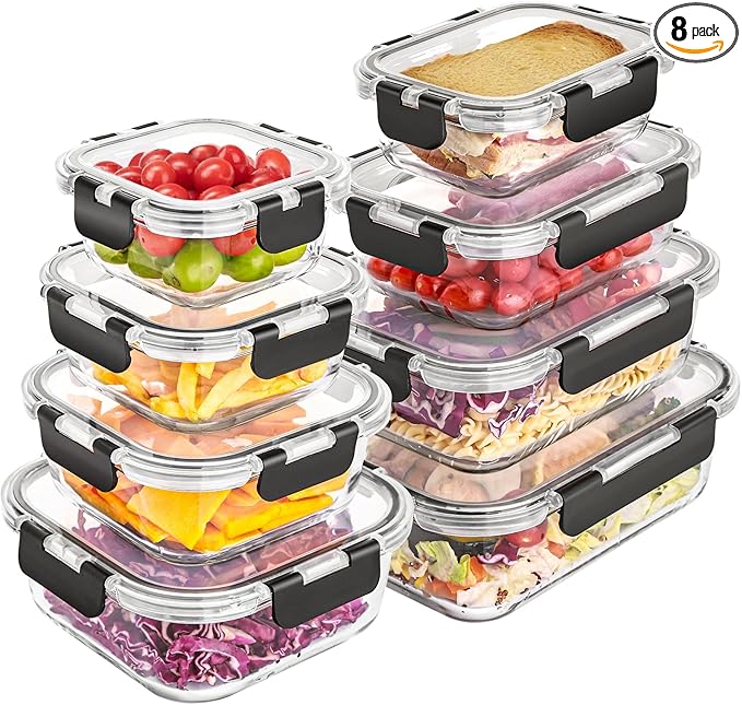 Liuruiyu 8 Pack Glass Food Storage Containers with Lids, Meal Prep Containers, Airtight Bento Boxes with Leak Proof Locking for Microwave, Oven, Freezer and Dishwasher, BPA Free by Liuruiyu