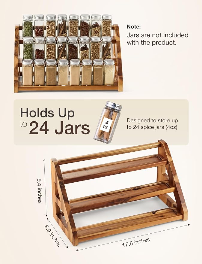 Tinamo Acacia Wood Spice Rack for Countertop - Wooden Tray Holds 24 Jars Spice Racks Organizer for Storage Shelf - 3 Tiered Spice Rack Organizer for Cabinet - Spice Shelf for Kitchen Pantry (Acacia) | Acacia Wood, 3-tier Spacious Design for 24 Spice Ja... - Image 3