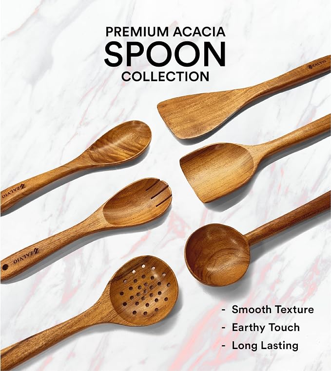 Zalvio 6-Piece Acacia Wood Cooking Utensil Set – Handmade Wooden Spoons & Spatulas | Heat-Resistant, Nonstick, Eco-Friendly Kitchen Tools - Image 7